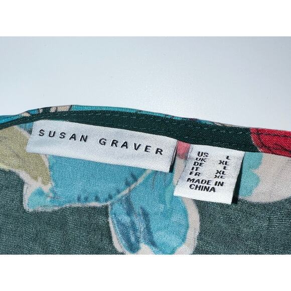 Susan Graver Top Womens Large Liquid Knit Lace Shoulder Detail Dark Floral Teal - Picture 6 of 8
